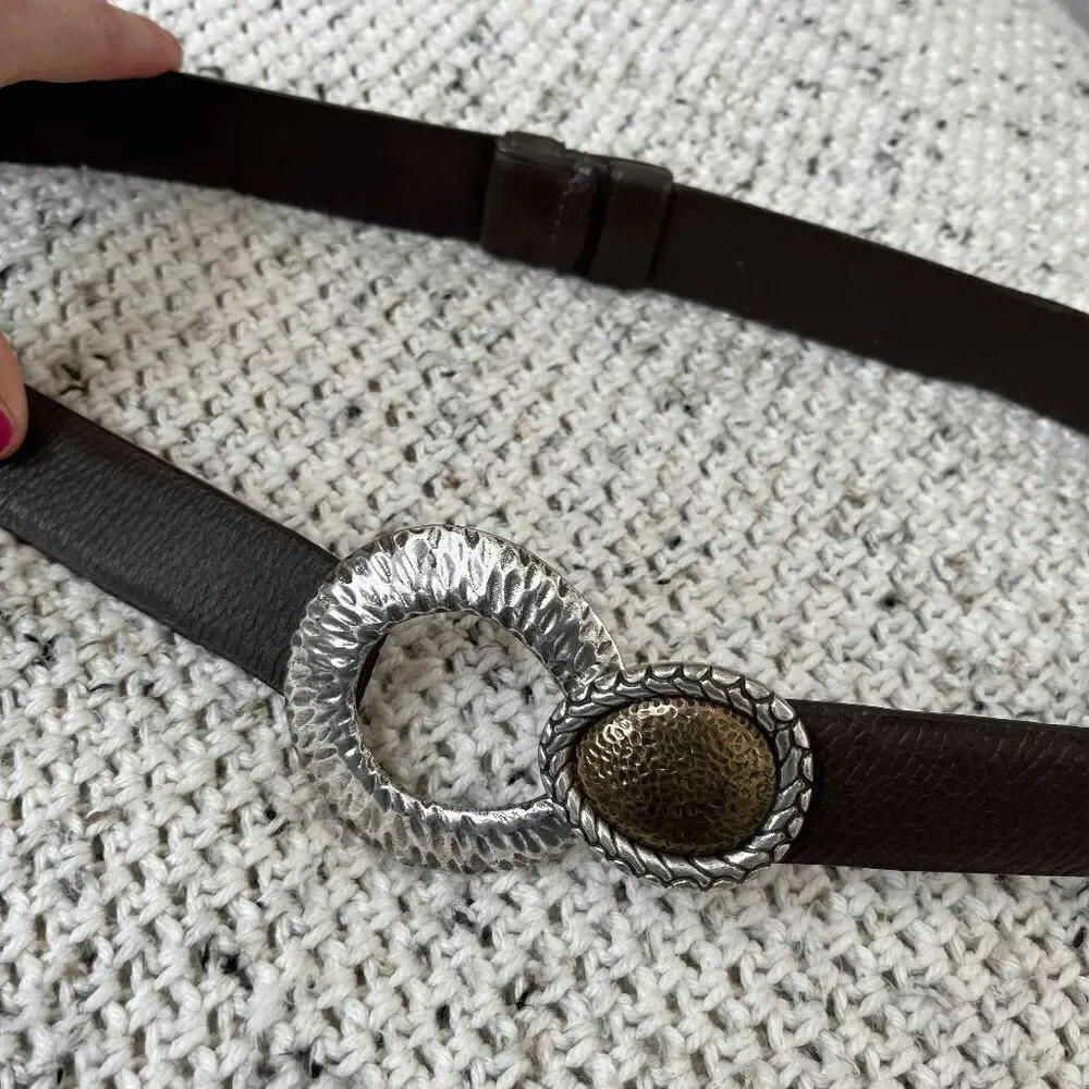Vintage 90s Chico's Hammered Metal Buckle Thin Belt - Brown Leather, S/M